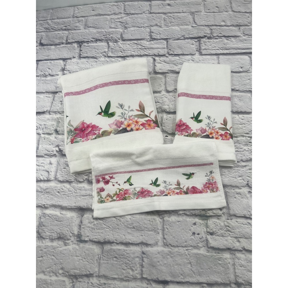 Hummingbird Floral Bath Towel Set 3 Piece White Pink Cotton Blend Decorative